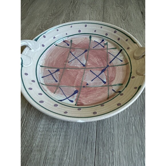 Vintage Studio Pottery 11” Plate Platter Dish Handles Abstract Signed Blue Pink - Picture 2 of 7